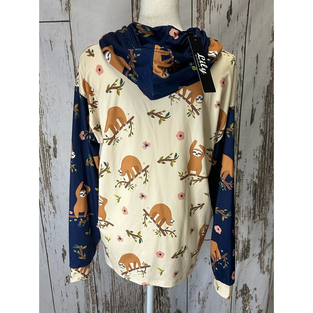 Lily By Firmiana Sloth Women's Hoodie Soft Tan/Navy Size Med - Picture 4 of 5